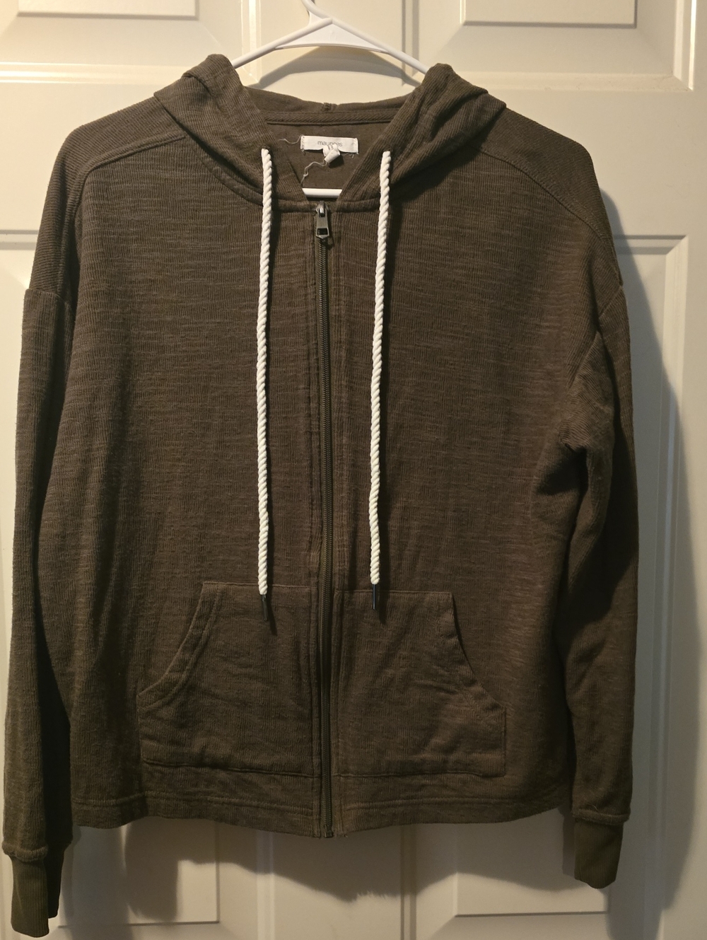 Maurices Olive Green Zip-Up Hoodie with White Drawstrings